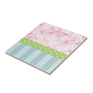 Pastel Blue Striped Pink Floral Green Polka Dots Tile