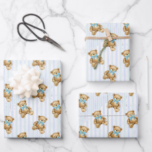 PASTEL BLUE STRIPES & BABY BOY TEDDY BEARS WRAPPING PAPER SHEET