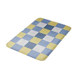 Pastel Blue Teal Yellow White Chequered Pattern Bath Mat