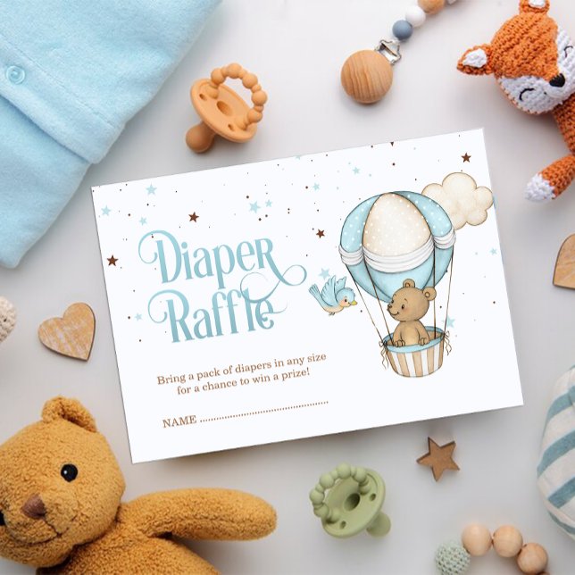 Pastel Blue Teddy Bear Air Balloon Diaper Raffle Enclosure Card (Diaper Faffle baby shower card)