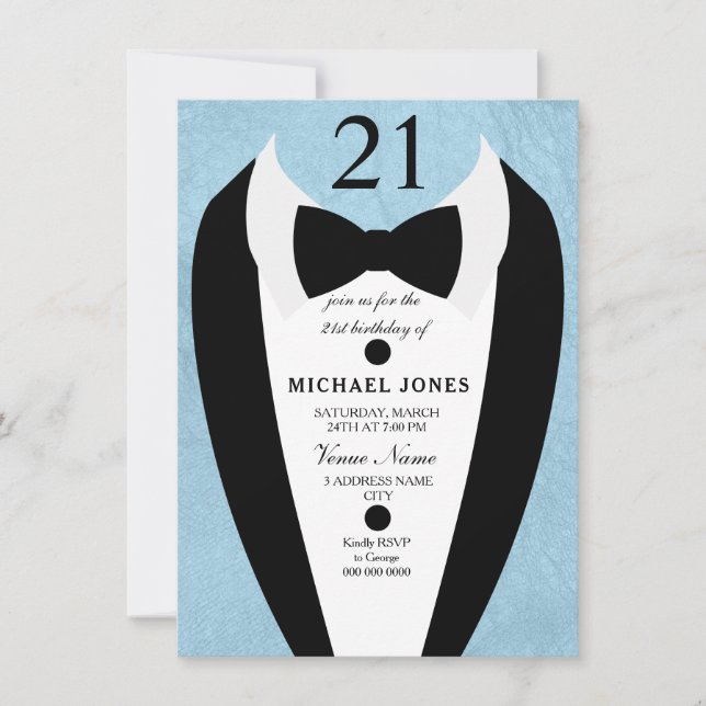 Pastel Blue Tuxedo Mens 21st Birthday Party Invite (Front)