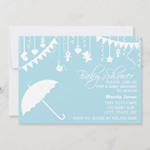Pastel blue umbrella baby shower invitation