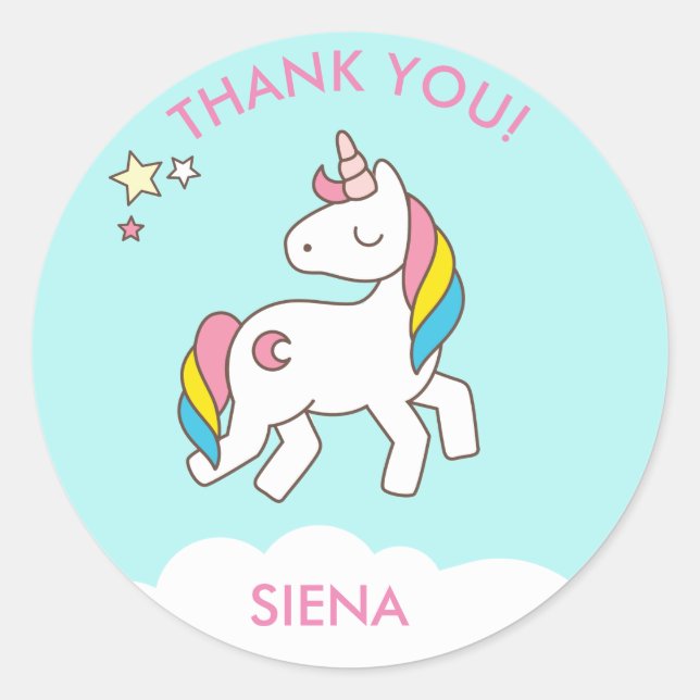 Pastel Blue Unicorn Birthday Party Thank You Classic Round Sticker (Front)