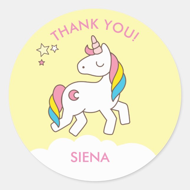 Pastel Blue Unicorn Birthday Party Thank You Classic Round Sticker (Front)