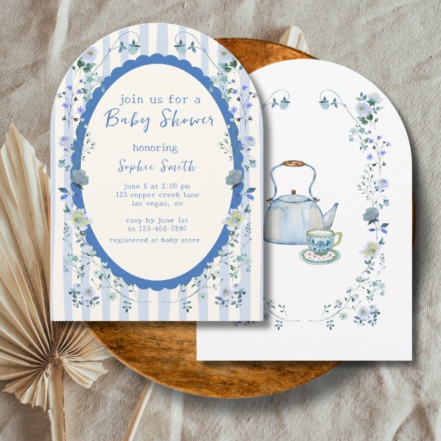 Pastel Blue Vintage Striped Garden  Baby Shower Invitation (Creator Uploaded)