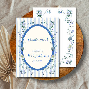 Pastel Blue Vintage Striped Garden  Baby Shower Thank You Card