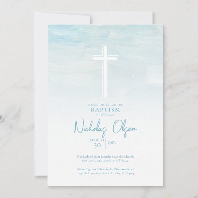 Pastel Blue Watercolor Baby Boy Baptism Invitation (Front)