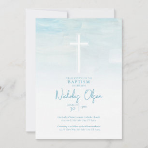 Pastel Blue Watercolor Baby Boy Baptism Invitation