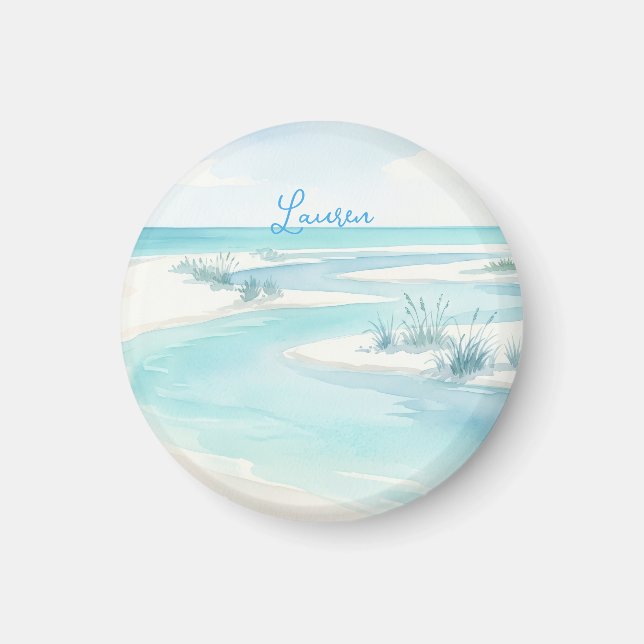 pastel blue watercolor beach waves name editable c magnet (Front)