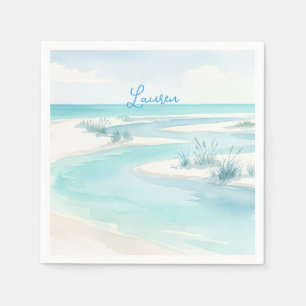pastel blue watercolor beach waves name editable c napkin