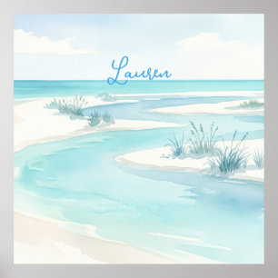 pastel blue watercolor beach waves name editable c poster