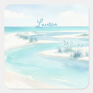 pastel blue watercolor beach waves name editable c square sticker