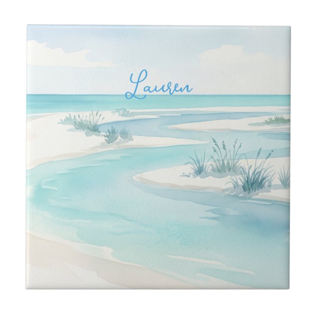 pastel blue watercolor beach waves name editable c tile (Front)