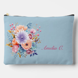 Pastel Blue Watercolor Floral Cosmetic Bag