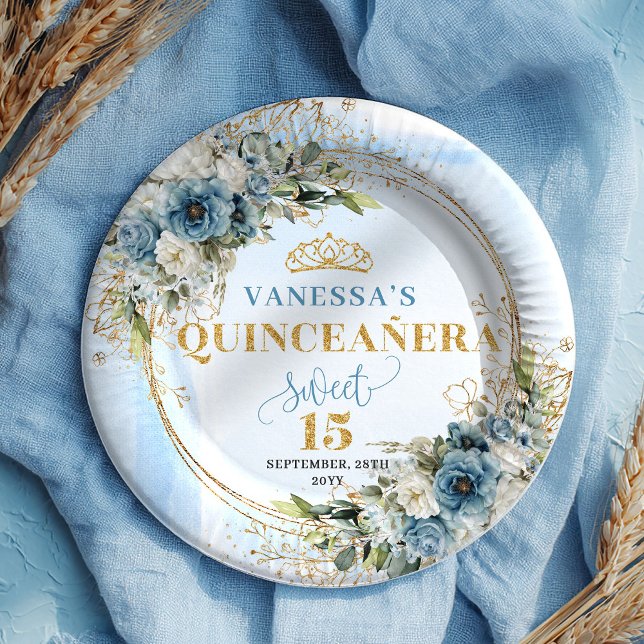 Pastel Blue Watercolor Floral Gold Quinceañera  Paper Plate (Pastel Blue Watercolor Floral Gold Quinceañera Plates)