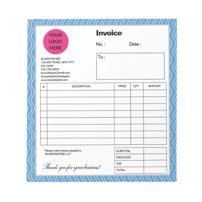 Pastel Blue Wave Company Business Invoice Note (Front)