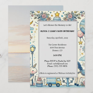 Pastel Blue Whimsical Baby Shower Invitation