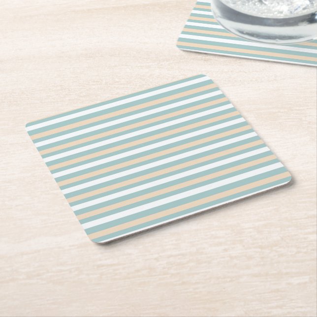 Pastel blue, white and blush stripes square paper coaster (Angled)