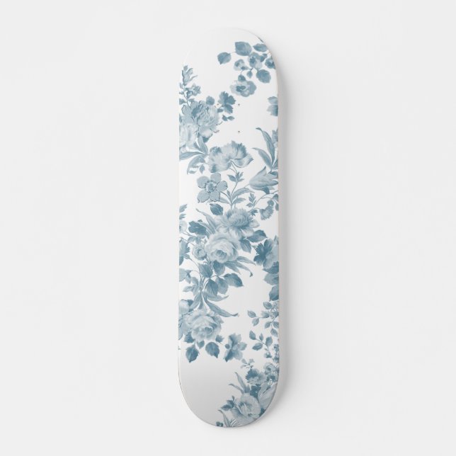 Pastel blue white bohemian elegant floral skateboard (Front)