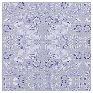 Pastel Blue & White Bunny Rabbit Bird Small Print Fabric