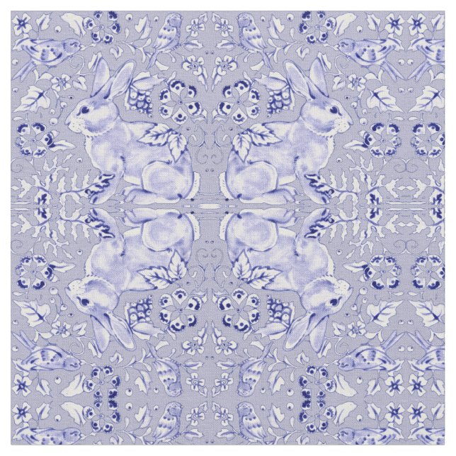 Pastel Blue & White Bunny Rabbit Bird Small Print Fabric (Close Up)