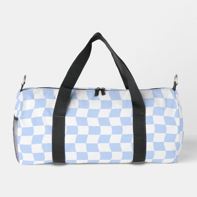 Pastel Blue White Retro Checkerboard Pattern Duffle Bag (Back)
