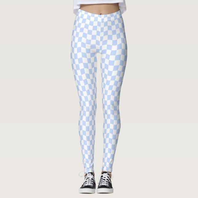 Pastel Blue White Retro Checkerboard Pattern Leggings (Front)