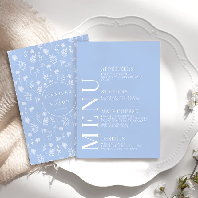 Pastel blue white simple floral wedding menu cards (Creator Uploaded)