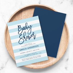 Pastel Blue & White Stripes Blue Baby Shower Invitation