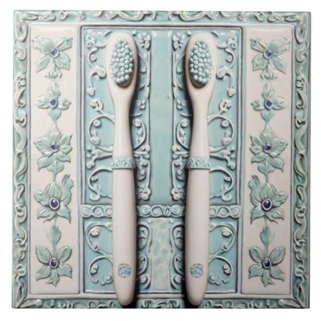 Pastel Blue White Toothbrush Fun Dentist Bathroom Tile (Front)