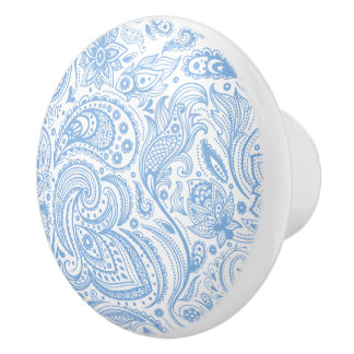 Pastel Blue & White Vintage Floral Paisley Pattern Ceramic Knob