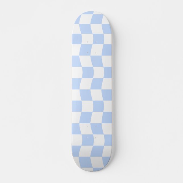 Pastel Blue White Wavy Chequerboard Pattern Skateboard (Front)