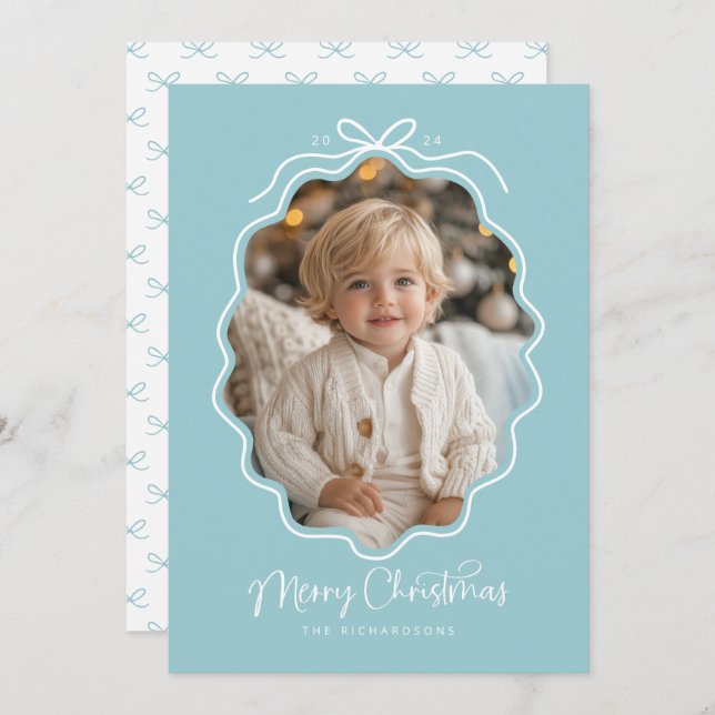Pastel Blue White Wavy Retro Photo Holiday Card (Front/Back)
