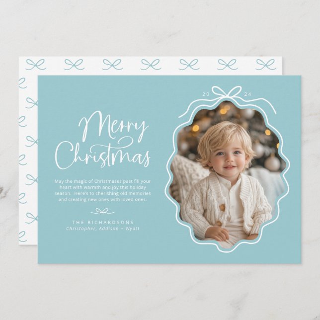 Pastel Blue White Wavy Retro Photo Holiday Card (Front/Back)