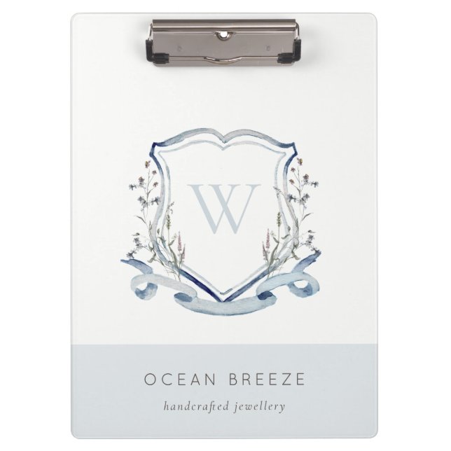 Pastel Blue Wildflower Watercolor Crest Monogram Clipboard (Front)