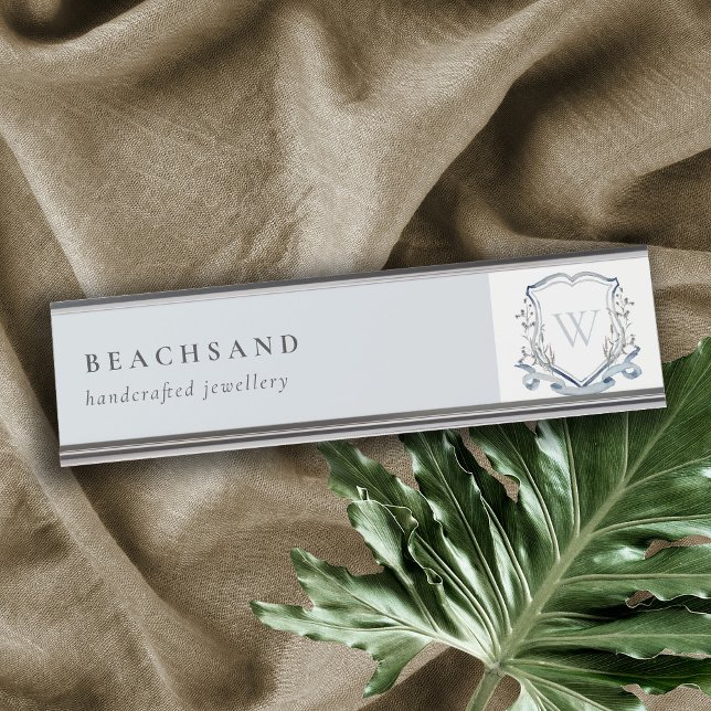 Pastel Blue Wildflower Watercolor Crest Monogram Desk Name Plate (Creator Uploaded)