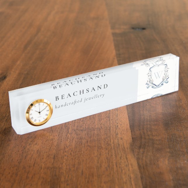 Pastel Blue Wildflower Watercolor Crest Monogram Nameplate (Side)