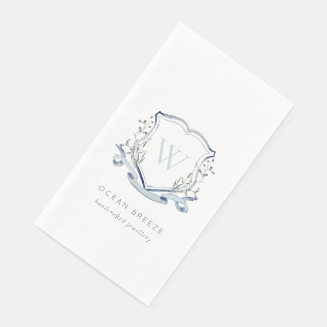 Pastel Blue Wildflower Watercolor Crest Monogram Napkin (Corner)