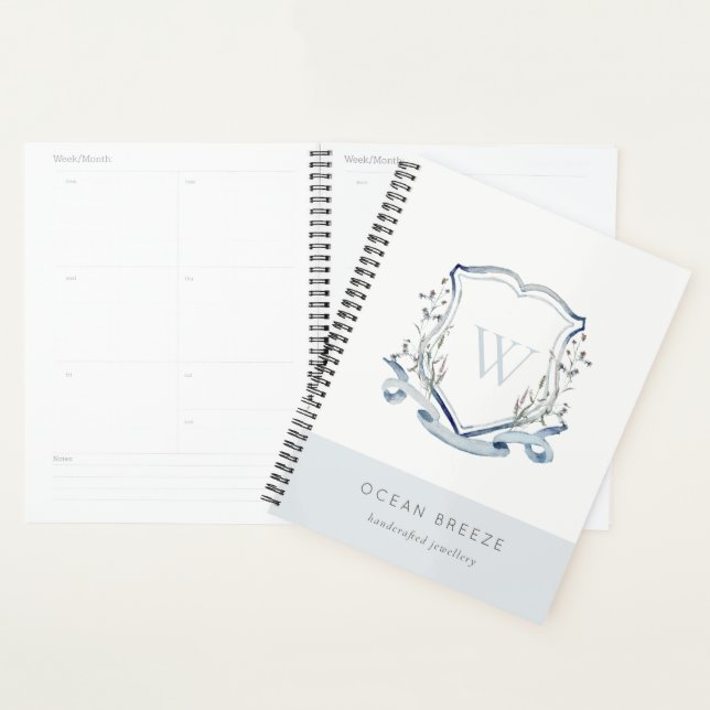 Pastel Blue Wildflower Watercolor Crest Monogram Planner (Display)