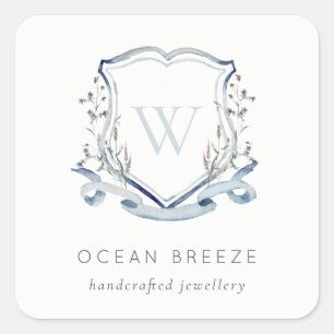 Pastel Blue Wildflower Watercolor Crest Monogram Square Sticker