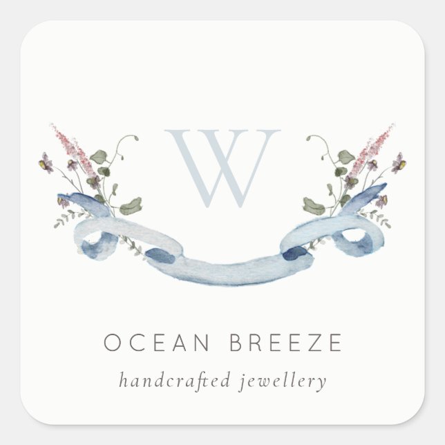 Pastel Blue Wildflower Watercolor Ribbon Monogram Square Sticker (Front)