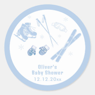 Pastel Blue Winter Après Bébé Ski Boy Baby Shower  Classic Round Sticker