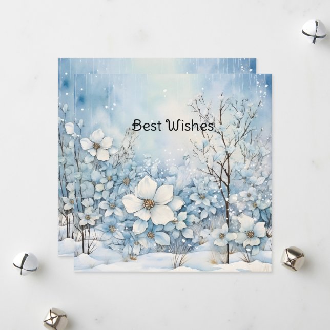 Pastel Blue Winter Flowers  Christmas Holiday Card (Front/Back In Situ)