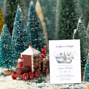 Pastel Blue Winter It Take A Village Baby Shower Invitation