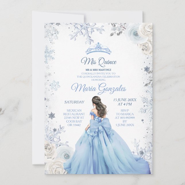 Pastel Blue Winter Snow Floral Princess Mis Quince Invitation (Front)