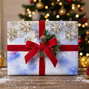 Pastel Blue Winter Wonderland Gold Snowflake Wrapping Paper Sheet