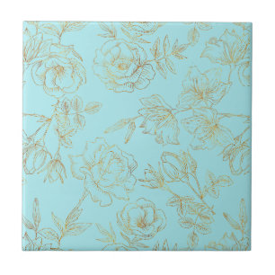 Pastel Blue with Gold Rose Outlines Tile