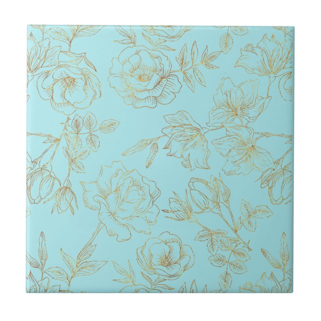 Pastel Blue with Gold Rose Outlines Tile (Front)