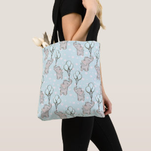 PASTEL BLUE WITH GRAY BABY ELEPHANTS TOTE BAG