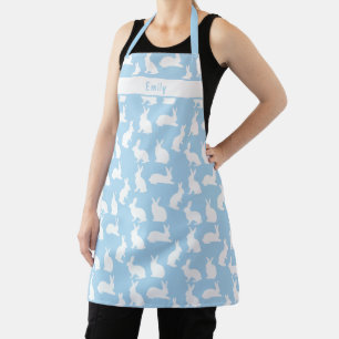 Pastel Blue With White Bunny Pattern And Name Apron